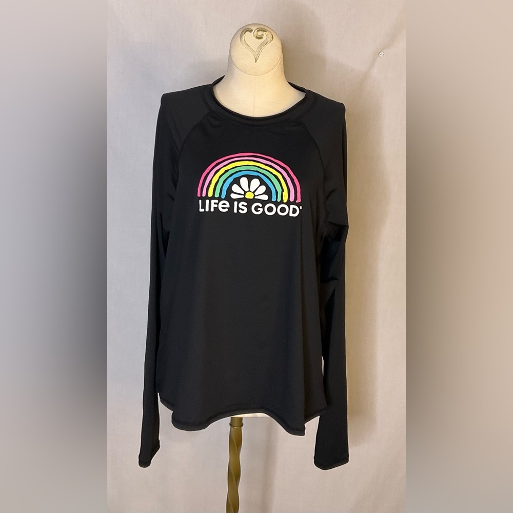 Women's Life Is‎ Good Daisy Rainbow Black Long Sleeve Top Rashguard Youth XL
